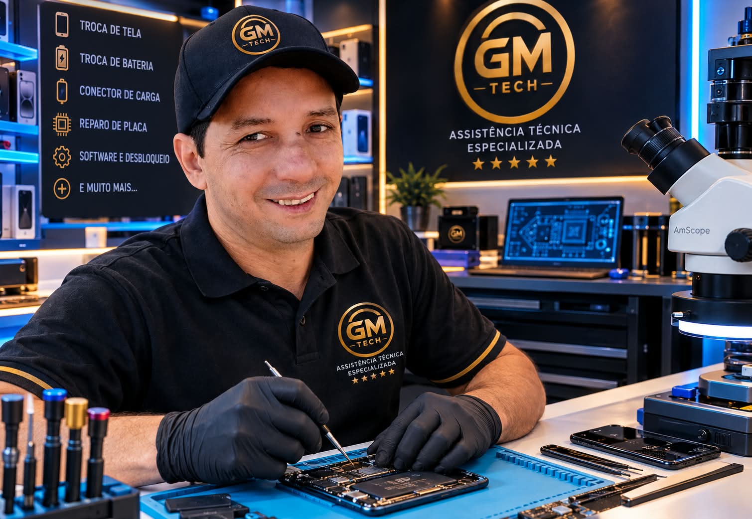 Técnico da GM Tech realizando manutenção em um celular na bancada