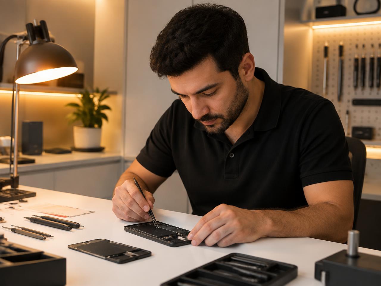 Técnico trabalhando em manutenção de celular